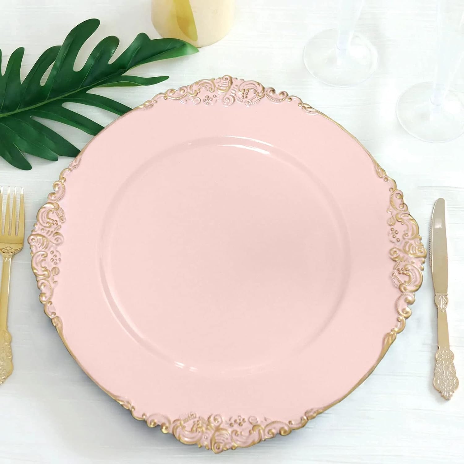 Efavormart 6 Pack Blush 13" Round Baroque Charger Plates Leaf Embossed Rim for Tabletop Decor Catering Event Decoration