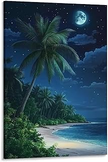 Landscape Seaside Palm Trees Night View Poster Canvas Wall Art Prints Posters for Room Aesthetic Bedroom Living Room Pictures Paintings Wall Decor for Mens Framed Unframed 16x24inch(40x60cm)
