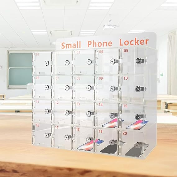Cell Phone Jail, Acrylic Cell Phone Lock Box, Wall-Mounted Cell Phones Storage Cabinet, 20 Slots Clear Cell Phone Lockers for Office School Gym,Large Grid
