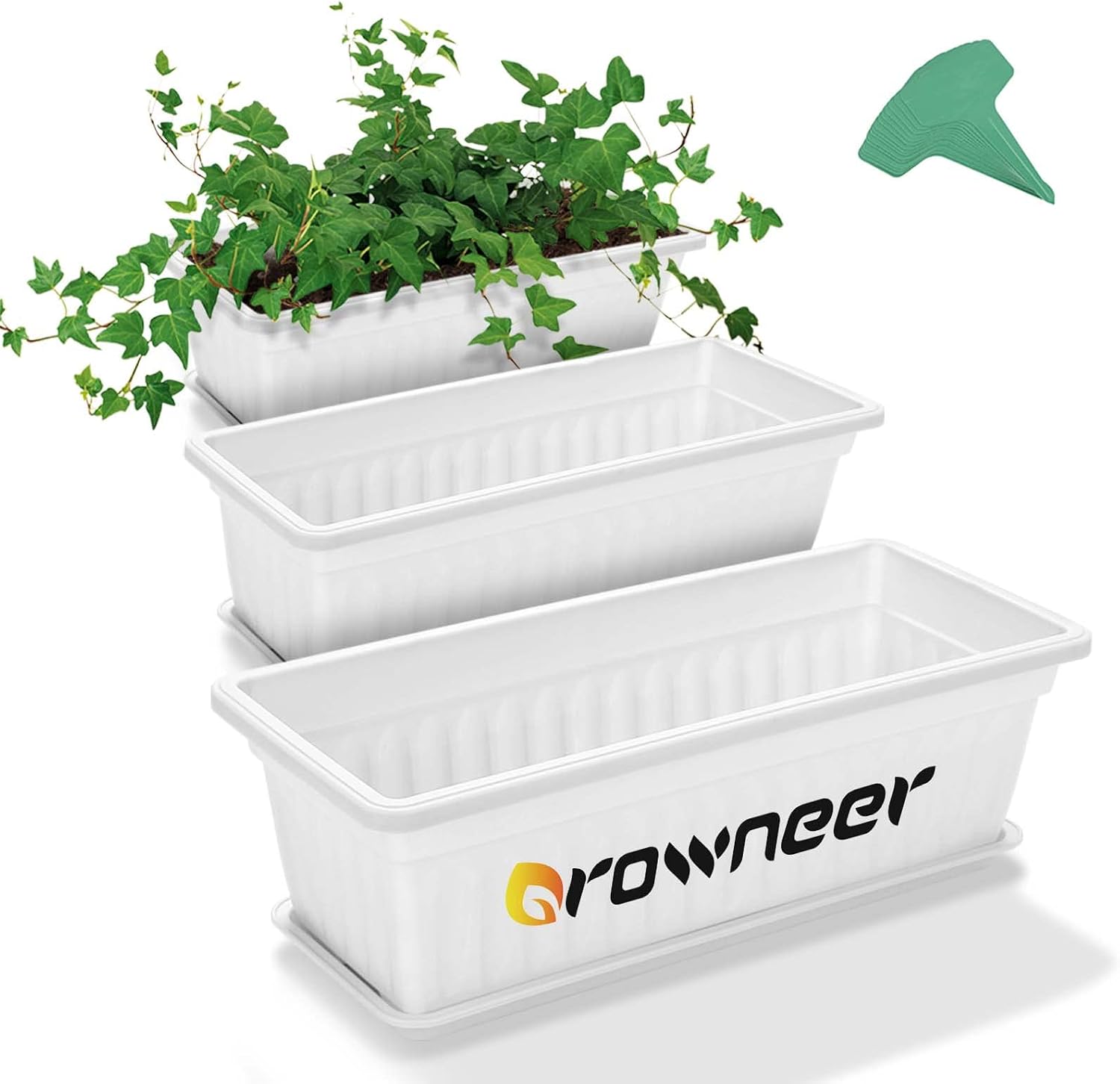 GROWNEER 3 Packs 17 Inches White Flower Window Box Plastic Vegetable Planters with 15 Pcs Plant Labels, for Windowsill, Patio, Garden, Home Décor, Porch