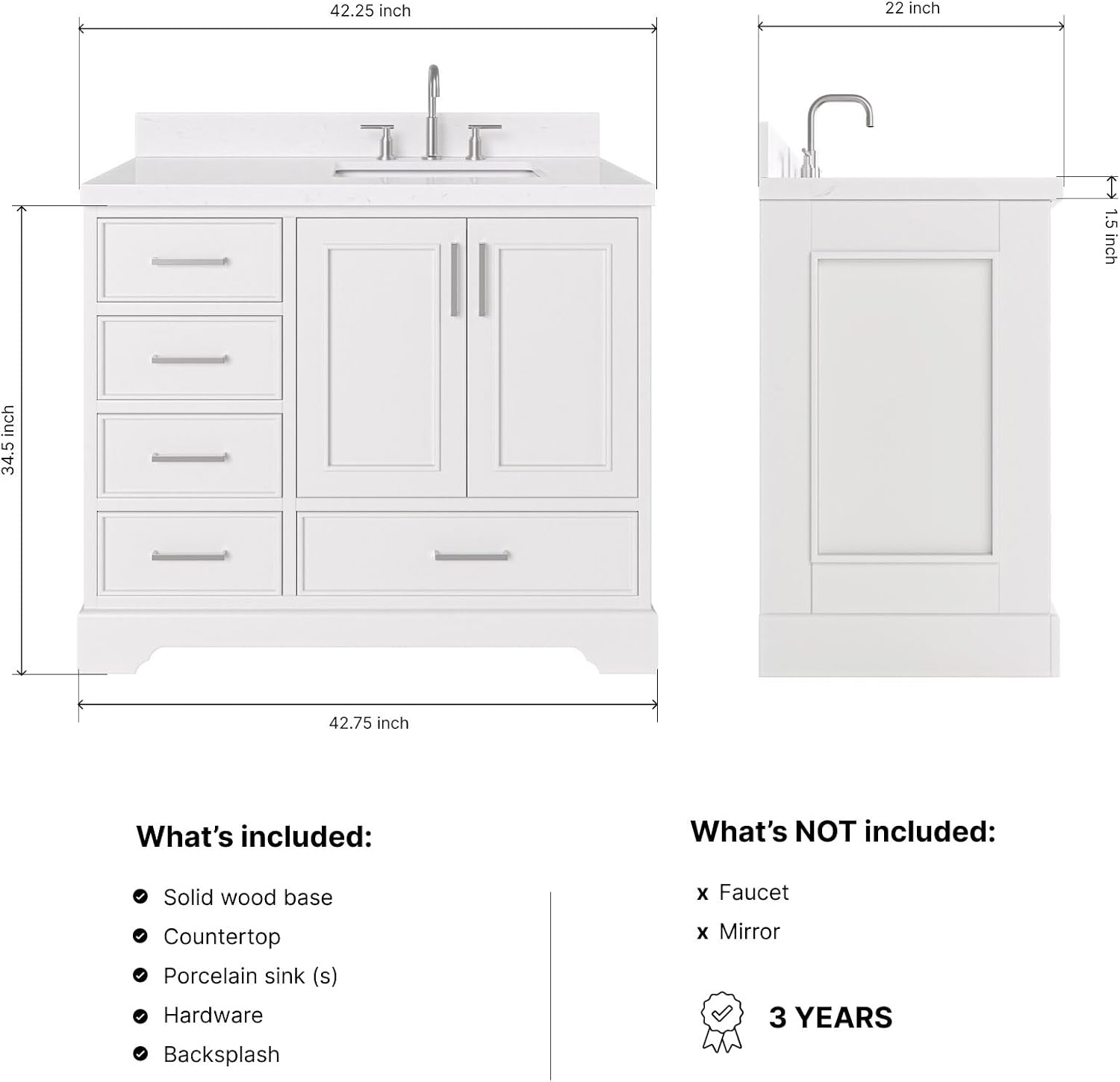 ARIEL Stafford 42-inch Bathroom Vanity with Sink,Solid Wood, 1.5-inch Carrara White Quartz Countertop, Single Rectangular Porcelain Sink, 2 Soft Closing Doors, 5 Dovetail Drawers, White