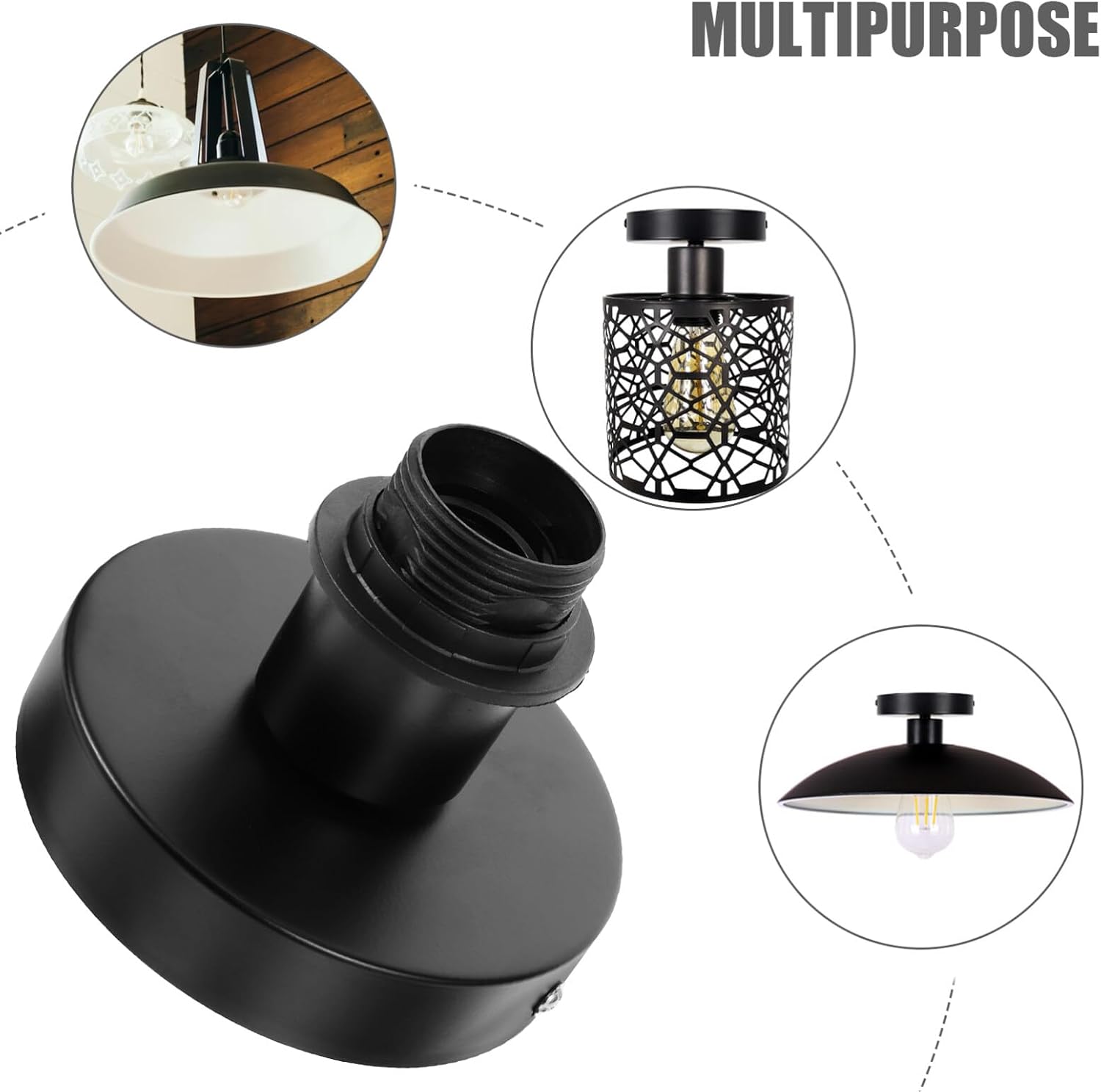 Angoily Ceiling Light Socket, 1 Pcs E27 Black Metal Canopy Lamp Holder