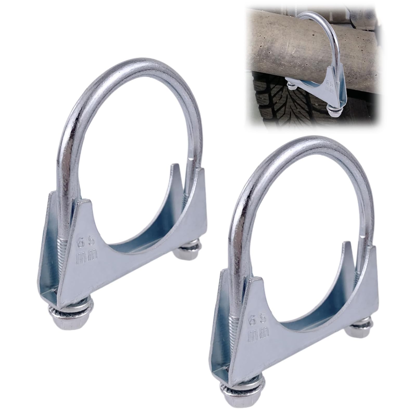 Exhaust Clamp & Pipe Clamp, 2Pcs 65mm Heavy Duty Galvanized U-Bolt with M8 Thread, for Exhaust System Repair