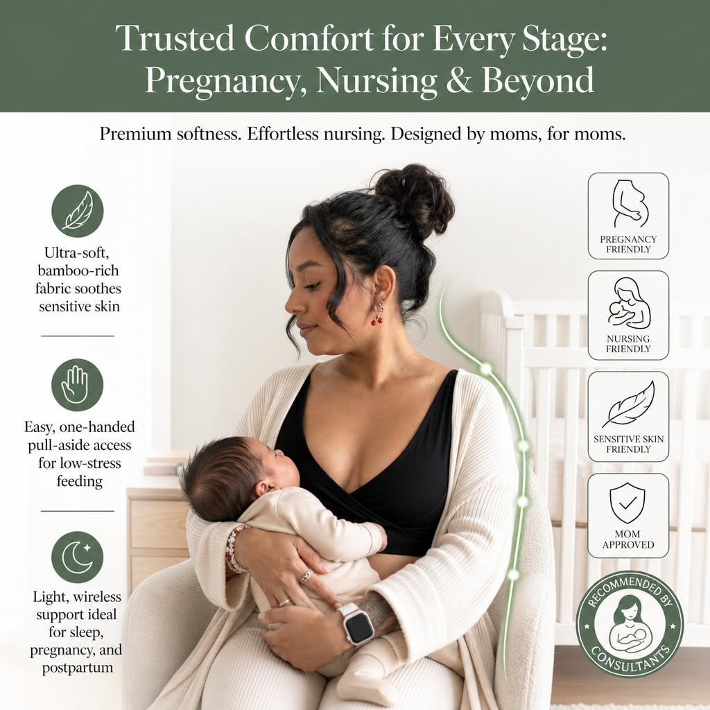 LoveSteady Crossover Nursing & Lounge Sleep Bra – Soft Bamboo Bralette for Breastfeeding, Pregnancy & Postpartum | Wireless, Pull-Aside Access, Light Support [Black,