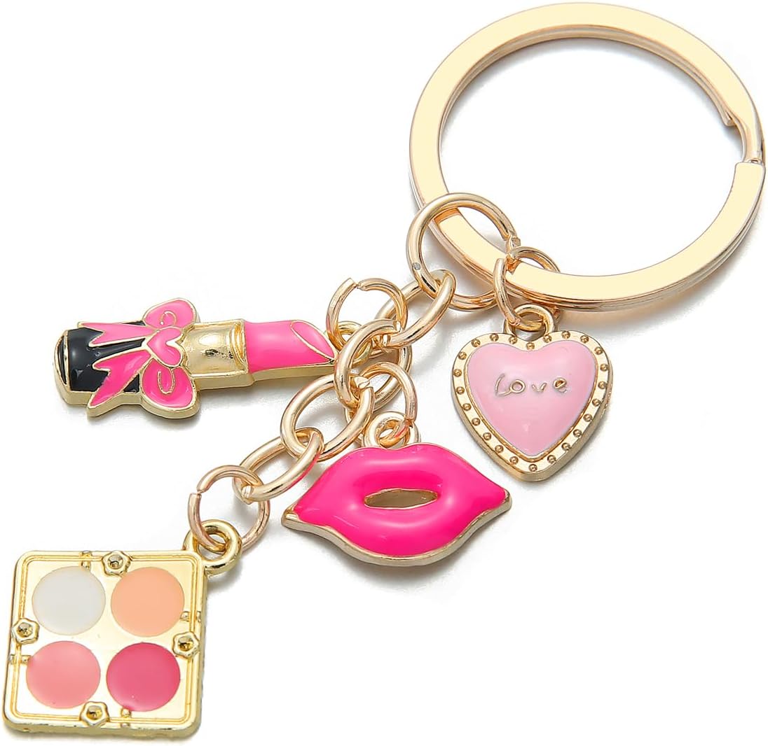 PHAETON 10PCS Fashion Makeup Keychain with Pink Heart Charms, Decorative Cosmetic Palette and Lips Design for Women Enthusiast Keychain Set Makeup Lovers Gift