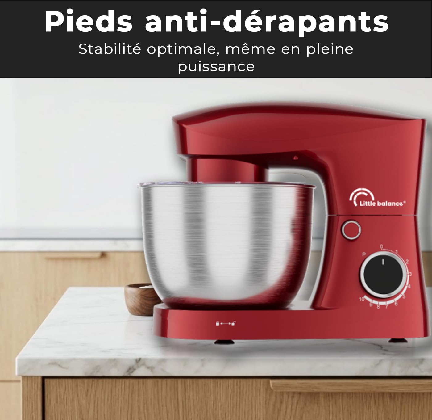 LITTLE BALANCE 3060 Easy Pâtisserie 2, Robot Pâtissier, Bol inox 5 l, 10 vitesses, Fonction Pulse, Tête inclinable, Avec Crochet, Fouet et Batteur pour mélanger, fouetter, pétrir, 1500 W, Piment