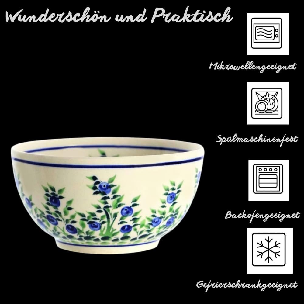 Zakłady Ceramiczne Bolesławiec Handgemachte Bunzlauer Keramik Müslischale, Ø14,0cm, Blaubeeren-Motiv, für Snacks, Reis, Eis, Nudeln, Hochwertiges Geschenk