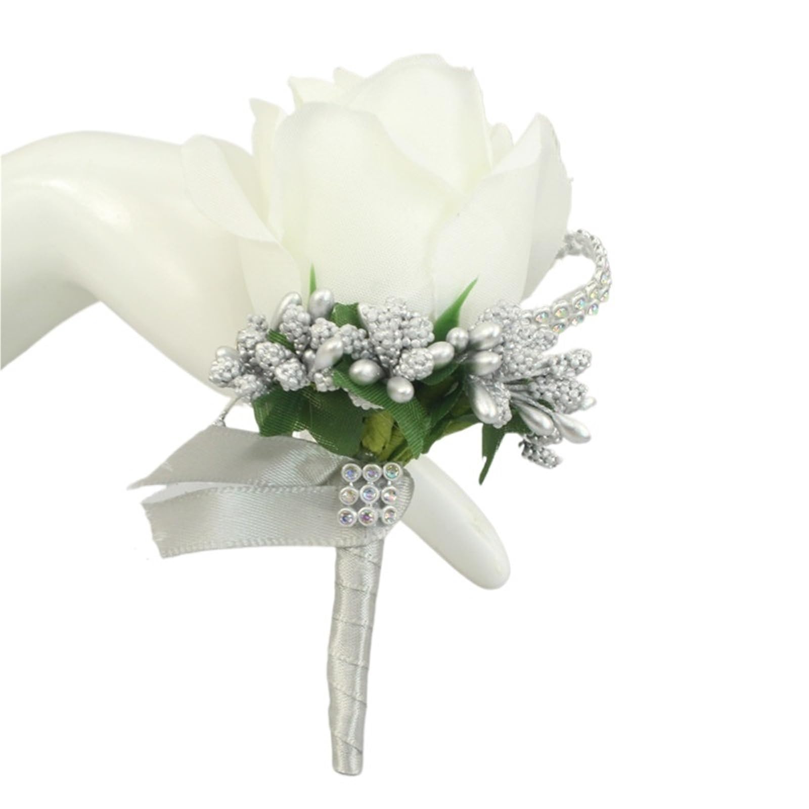 WTAXBH Corsages for Weddings 2pcs Wedding Corsages And Boutonnieres Artificial Roses Silk Groom Boutonniere Flower Groomsman Buttonhole(White siver)