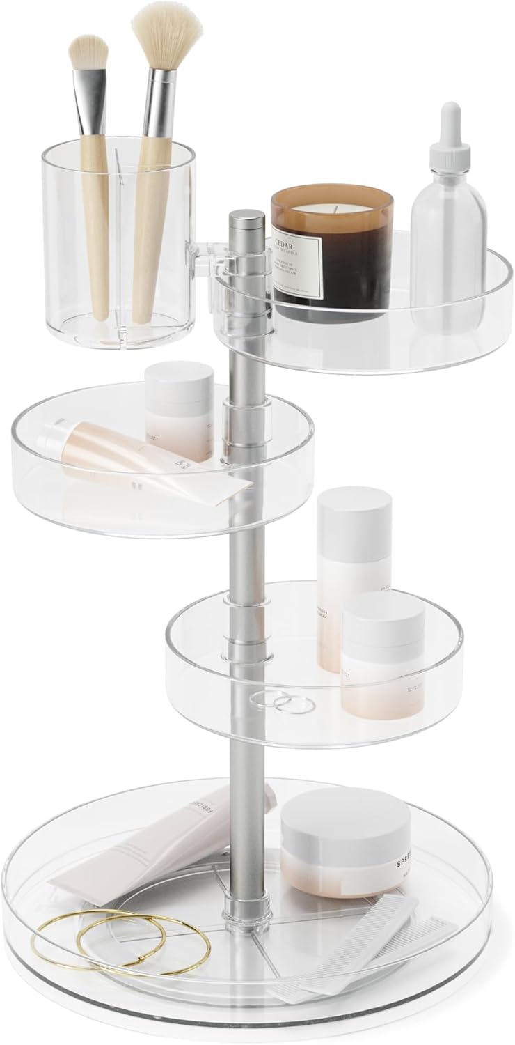 Umbra Pirouette Cosmetic Organizer, Large Capacity Makeup Storage with Adjustable Compartments, Clear/Nickel
