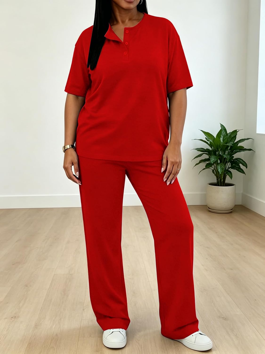 TOPSRANI Plus Size Women Lounge Sets Casual Sweatsuits Two Piece Outfits Short Sleeve Tracksuit Long Pants with Pockets