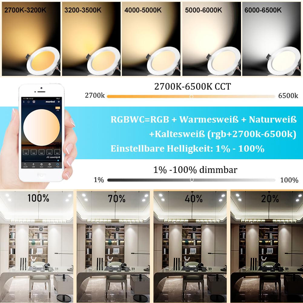 9W RGBWC+CCT LED Einbaustrahler 230V, 10er WiFi Bluetooth LED Einbauleuchten Dimmbar LED Deckenspot Flach Einbauspots Alexa, RGB+2700K-6500K, APP Steuerung, Kompatibel mit Alexa Google Home | Dimmbar LED Deckenspot Flach Einbauspots Alexa, RGB+2700K-6500K