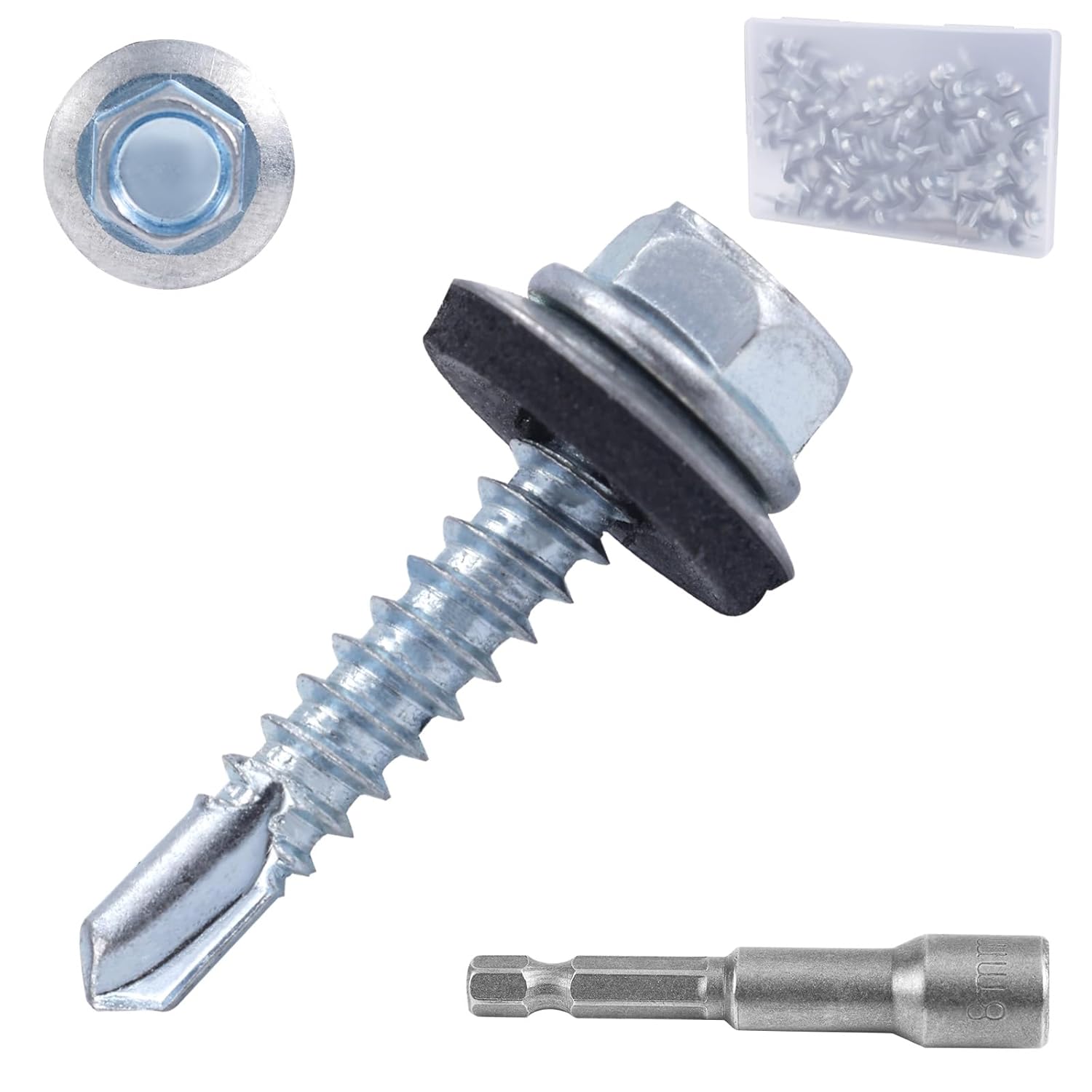 80pcs #10x1'' Metal Self Tapping Drilling Roofing Screws with Magnetic Socket, Steel Hex Head Pole Barn Sheet Roof Screws with Rubber Washer for Wood Corrugated Siding Projects Panels Materials