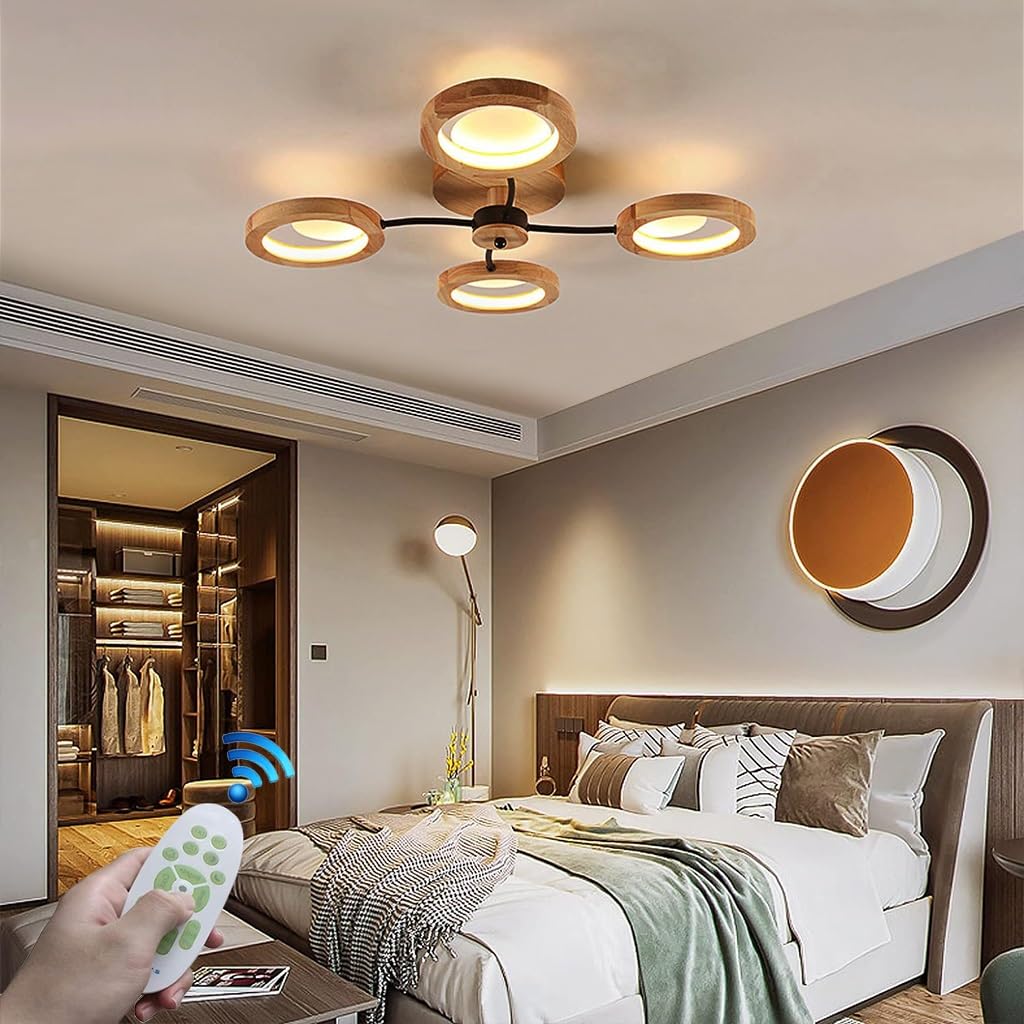 KXEcoLife Nordic LED Ceiling Light, Wood Chandelier for Living Room & Restaurant, Creative Round Metal Fixture with Remote Control, Dimmable Brightness Home Decor