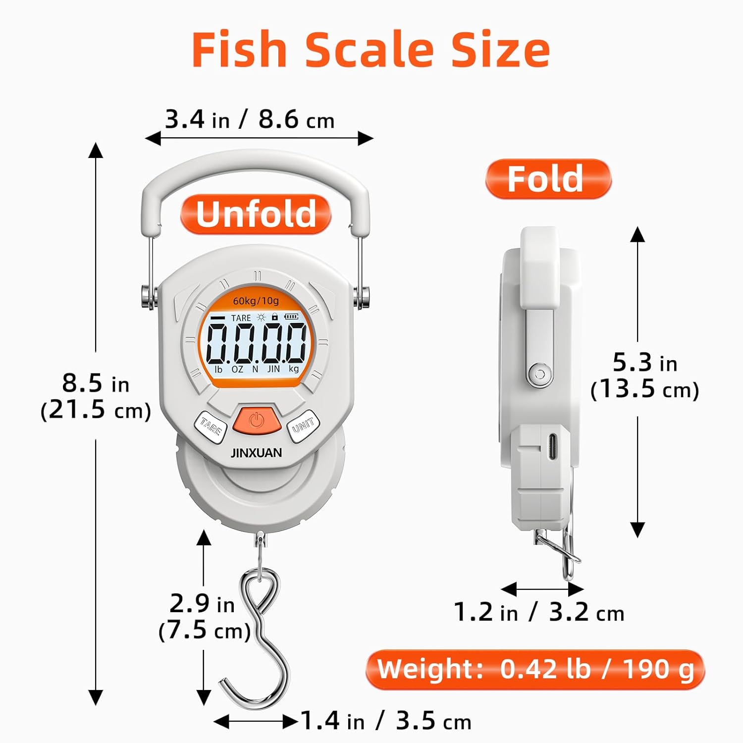 Fishing Scale Luggage Scale 132lb/60kg Digital Fish Scale, Fish Weight Scale with Backlit LCD Display, Luggage Weight Scale with 4 Units, 2 AAA Batteries, Hanging Scale for Fishermen Travelers