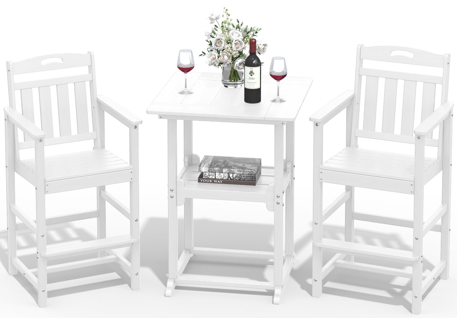 Outdoor Bistro Bar Set, Patio High Top Table and Bar Height Tall Adirondack Chairs Set of 2, All-Weather HDPE Square Pub Furniture for Outside Balcony Backyard Pool Deck | 3-Pieces, White