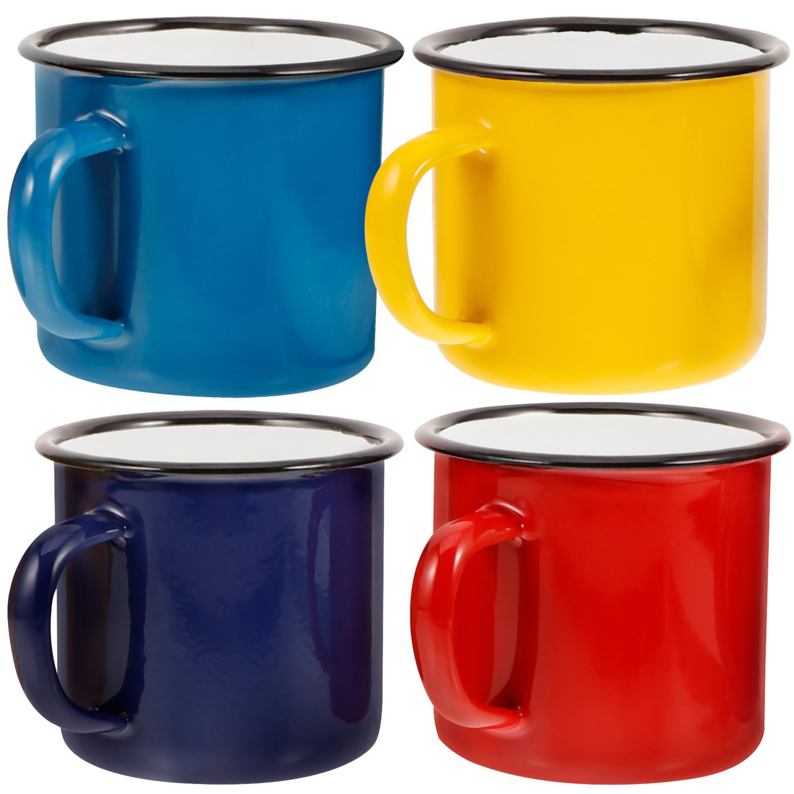 Juego de 4 Tazas de Esmalte Vintage 350ml, Tazas de Café Esmaltadas para Camping y Picnic, Resistentes y Reutilizables, Colores Rojo, Amarillo, Verde Pavo Real y Azul Oscuro,