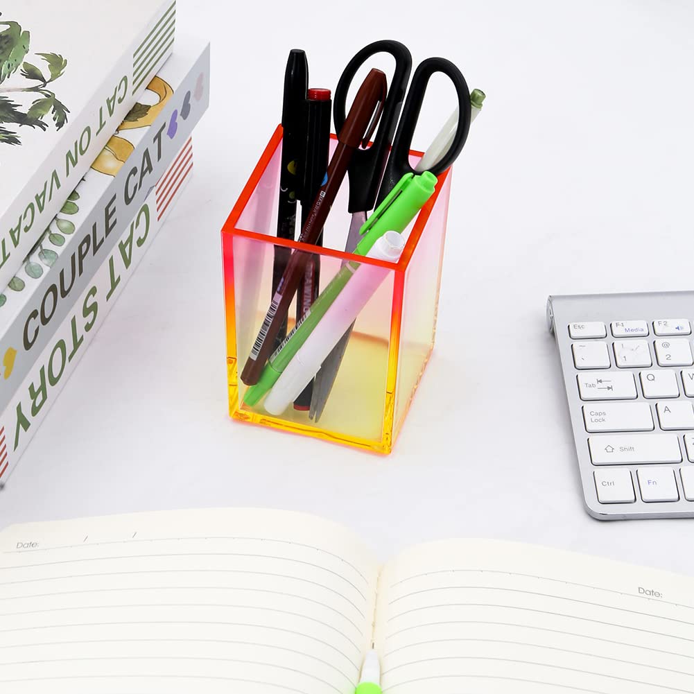 Gradient Acrylic Pen Container Holder,Clear Yellow Red Makeup Brush Holder Pen Pencil Cup Pot Acrylic Desktop Organizer Home Office Desktop Decoration for Kid Student Girl Woman Gift - Image 3