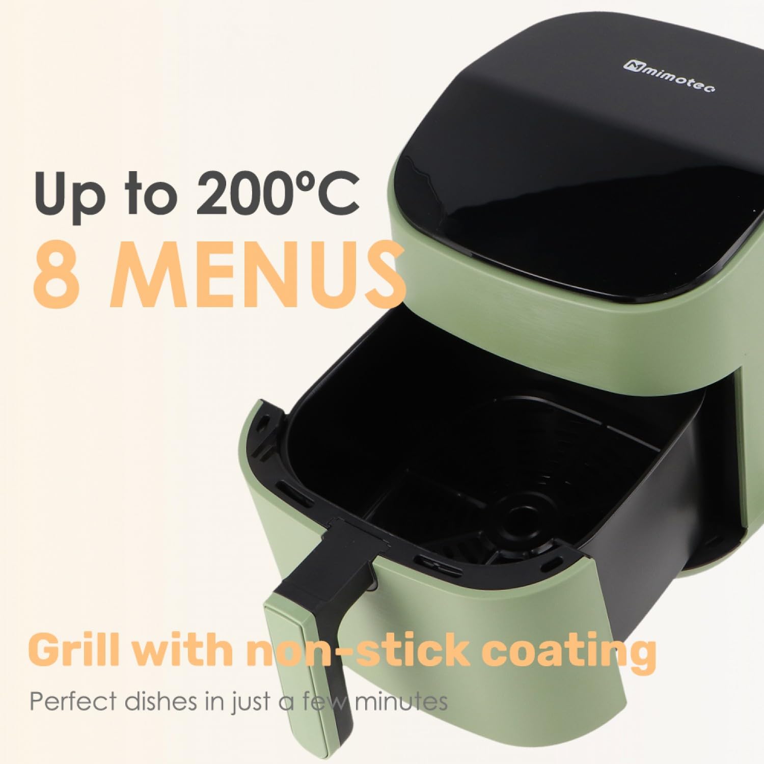 M mimotec – Air Fryer Green Sara Touch 6,5L, bezolejowa frytkownica powietrzna, 1600W, 8 menu cyfrowe, ekran dotykowy, funkcja grilla, regulowany timer, temperatura 80-200 °C, zdrowa kuchnia