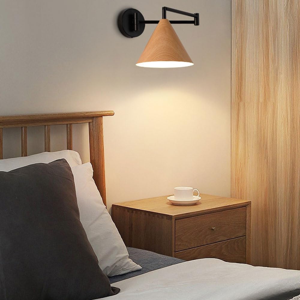 Wall Light for Bedroom Indoor E27 Adjustable Swing Long Arm Metal Wall Lamp Black Walnut Retro Vintage Industrial Wall Sconce for Living Room Bedroom Hallway Corridor Stairs Mount Sconces