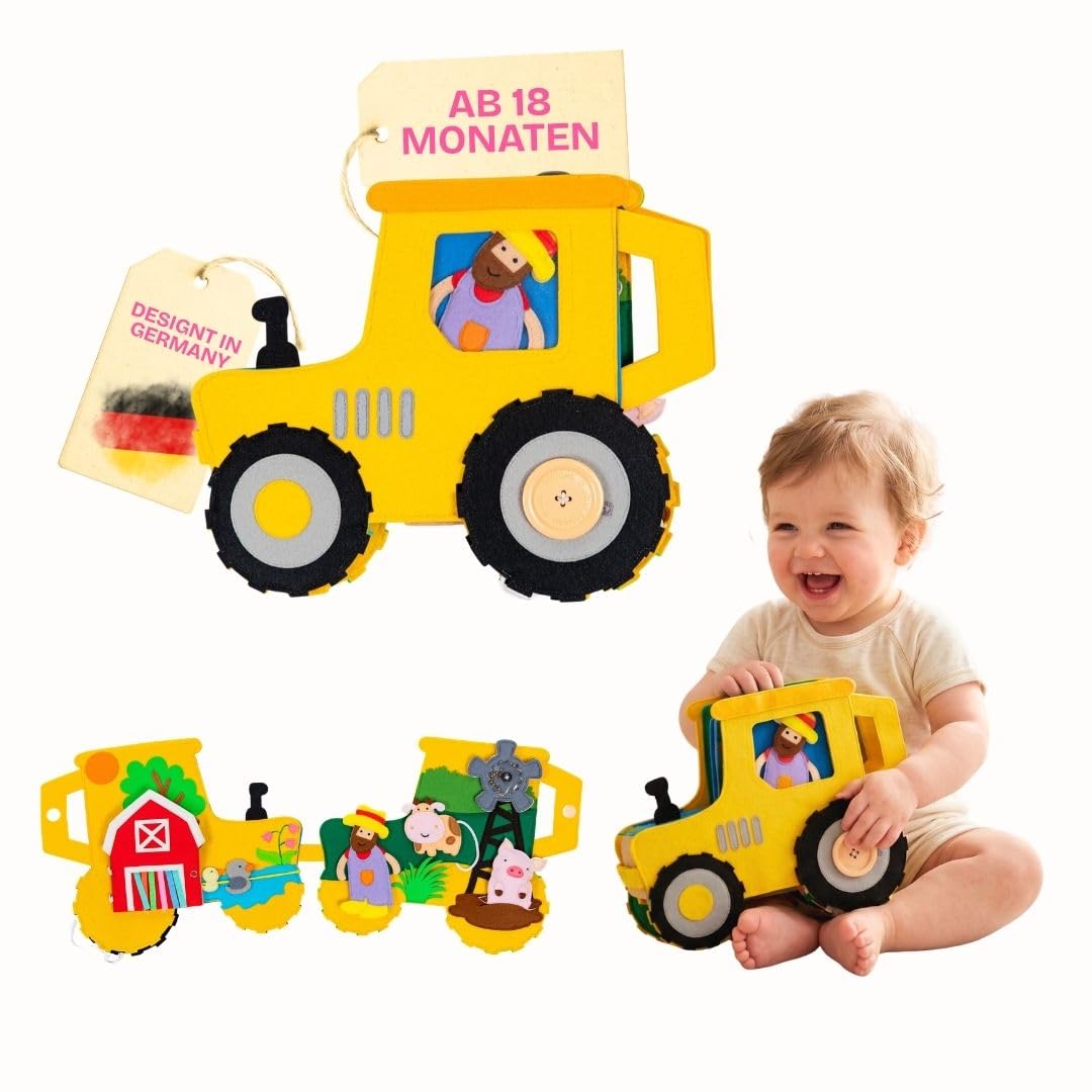 Jolly Designs Travel Buddy Trattore, libro di gioco Montessori e Quiet Book a partire da 1 anno, giocattolo sensoriale & Busy Board per passeggino, auto e viaggi, libro in tessuto per bambini piccoli