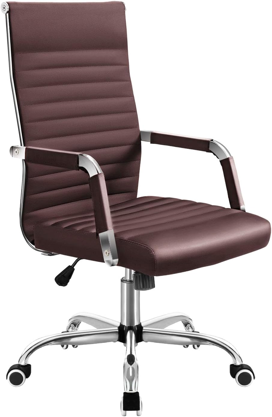 Shahoo Ribbed Office Chair, Mid-Back PU Leather Office Chair Executive Task Chair with 360° Swivel Wheels for Conference Room, Home Offices (Brown)