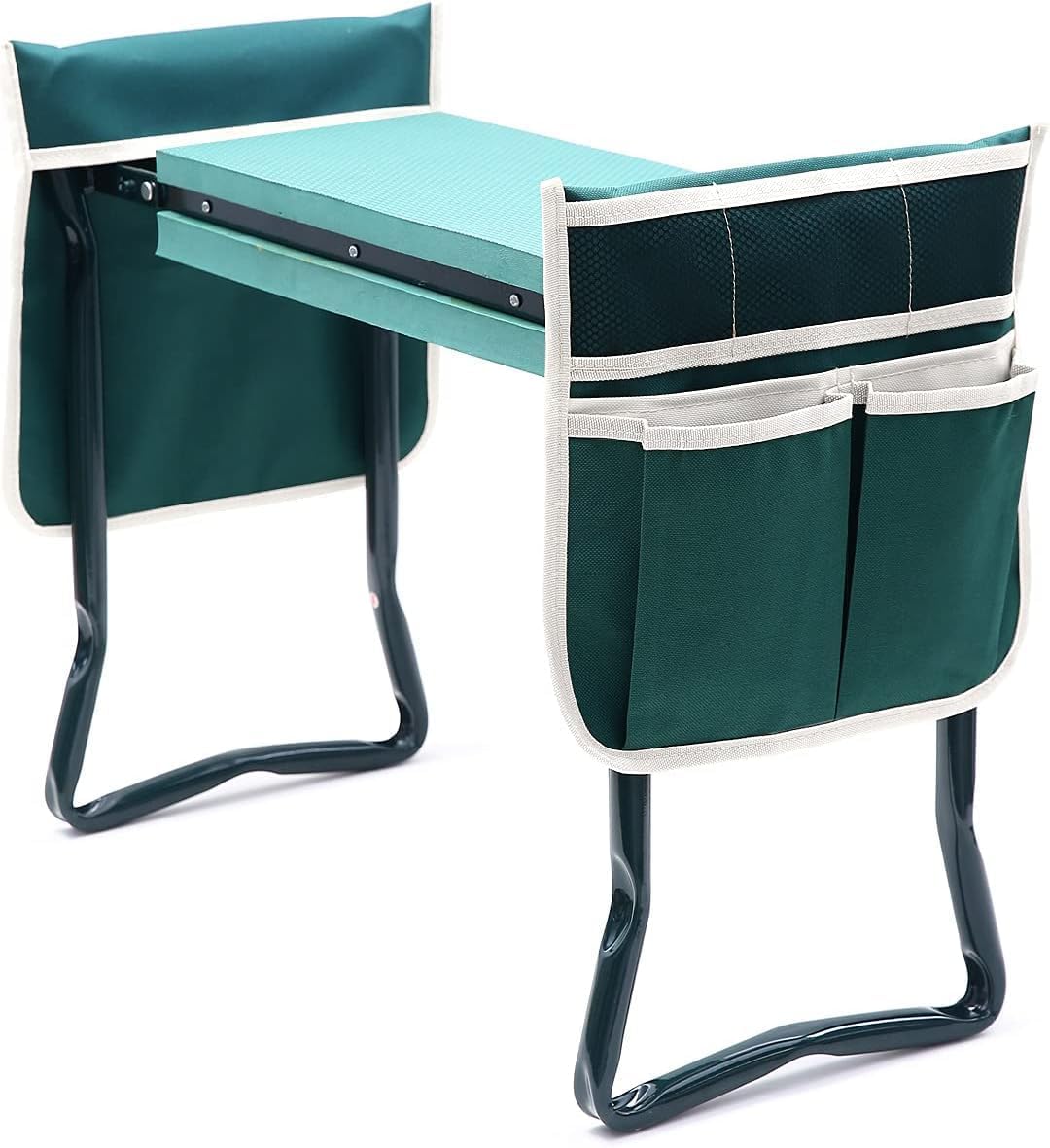 Garden Kneeler with Handles 2-in-1, EVA Foam Kneeling Pad,Green Portable Seat Double Sided Removable Tool Pouch Folding Padded Steel Frame Garden Companion Makes Tasks Easier 60cm D X 27cm W X 50cm H