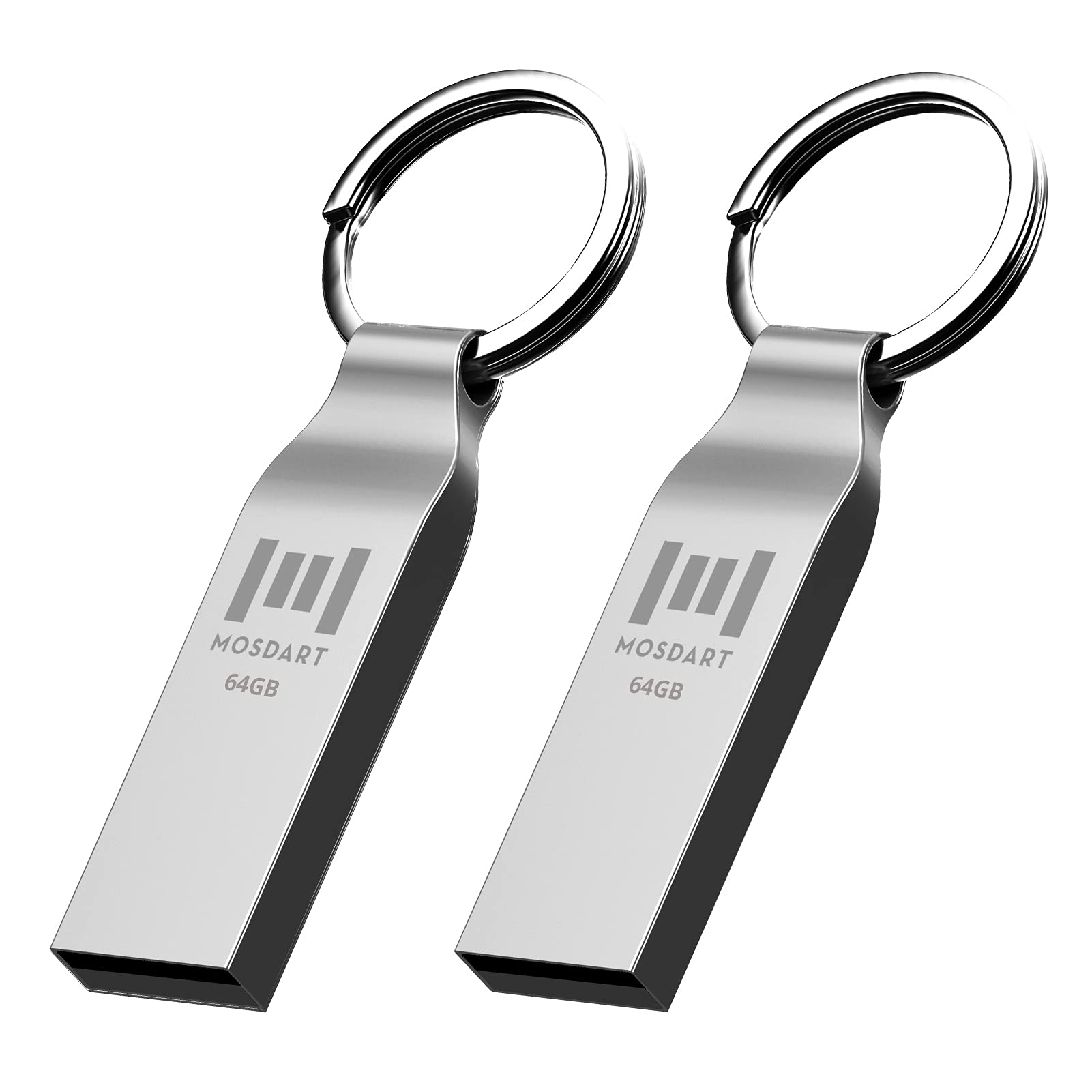 MOSDART 2Pack 64GB USB 2.0 Flash Drive exFAT Metal Thumb Drive with Keychain 64 GB Waterproof Jump Drive 64G Memory Stick for Storage and Backup, Silver