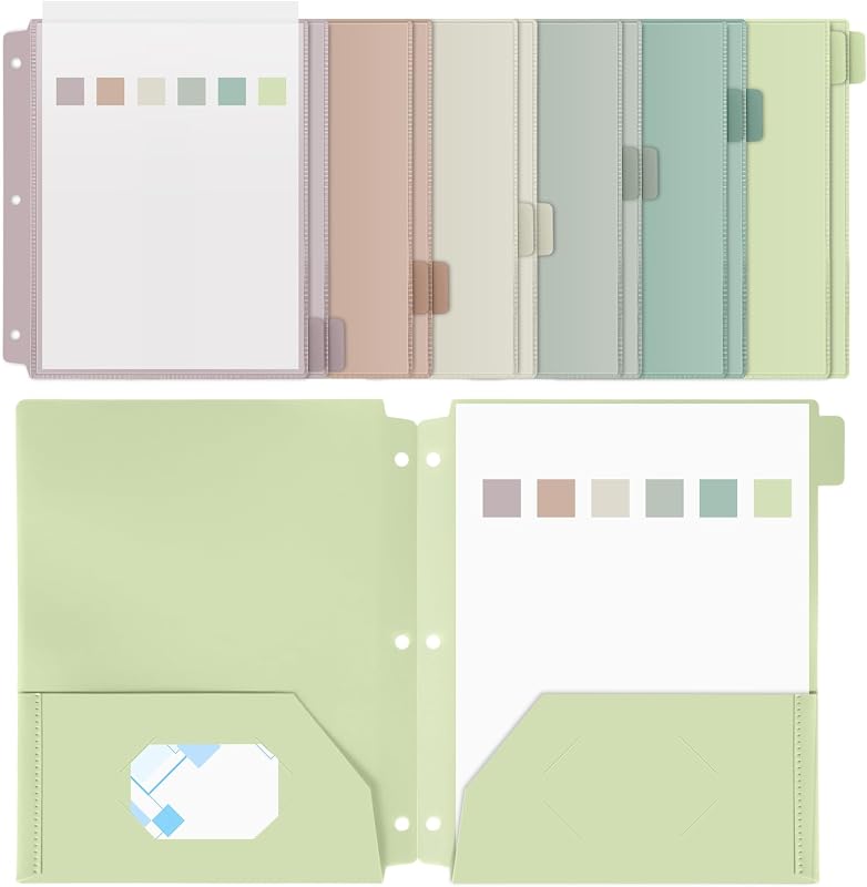Honoson 12 carpetas de plástico con bolsillo frontal transparente, carpetas perforadas Morandi de 3 agujeros para carpetas de 3 anillas, pestañas de corte 1/6 para escuela, oficina, aula