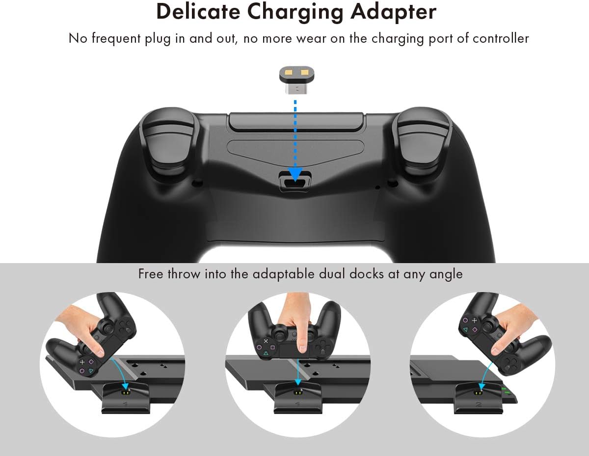 ElecGear Vertical Charging Stand for PS4, Dual Charging Station Charger Dock for DualShock 4 Controller with 4X Mini Dongle Adapter and 2X USB Port Accessory Kit for PS4, PS4 Slim, PS4 Pro