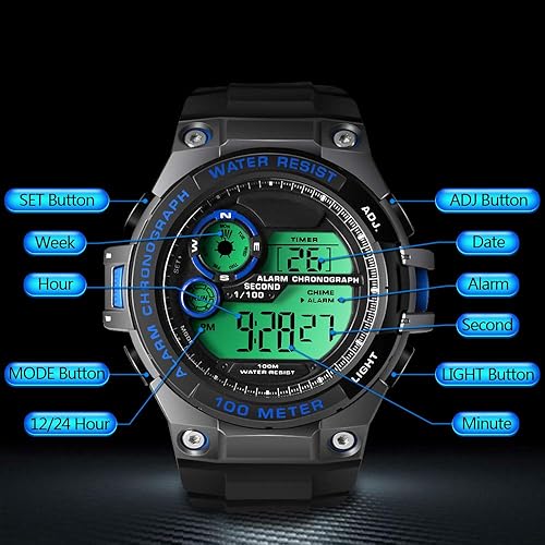 Miniatura 8 de Reloj de buceo submarino de 328.1 ft para hombre y niño con cronómetro, cronógrafo, funciones de alarma, zona horaria doble, formato de 12/24 horas,