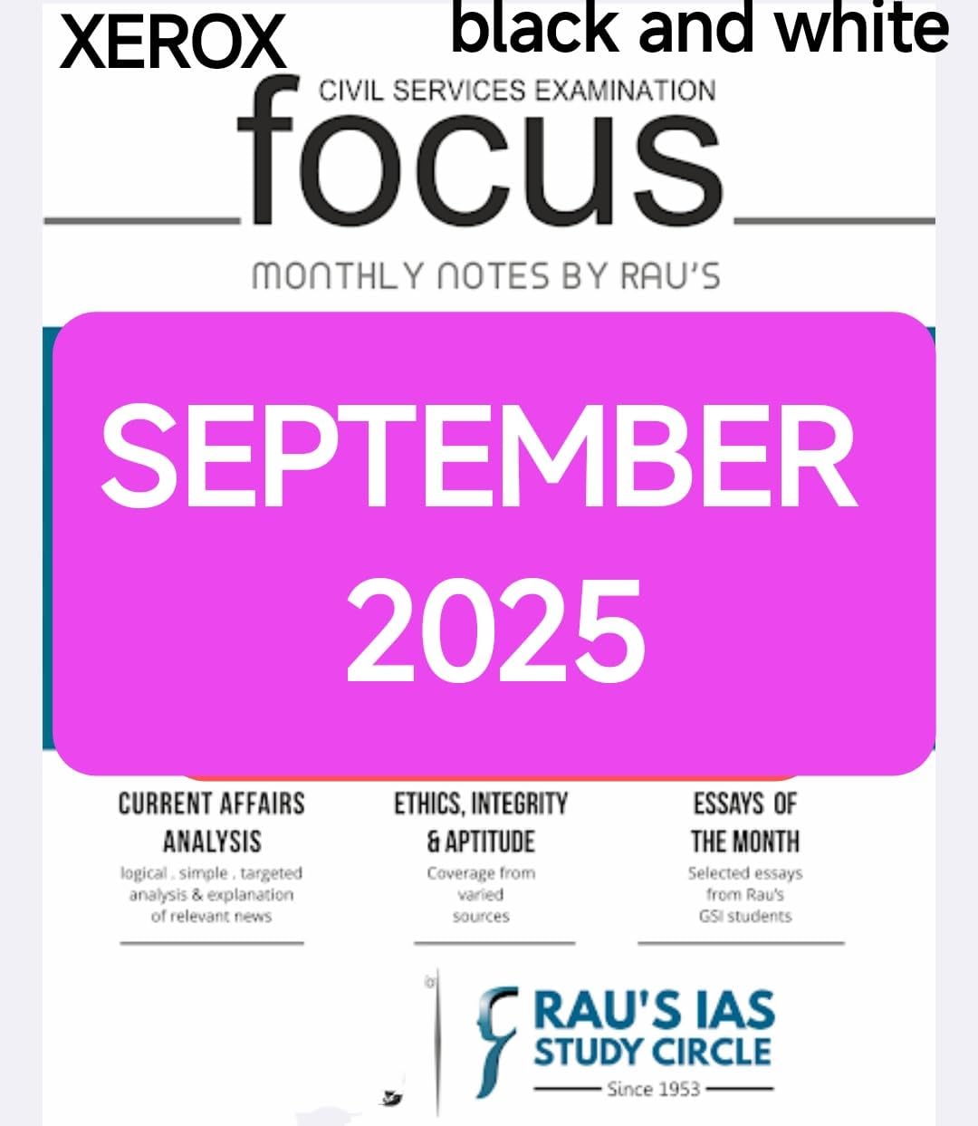 Rau's IAS Focus Monthly Magazine, ( September 2025 ), Current Affairs English Medium black and white (Monthly Notes By Rau's)