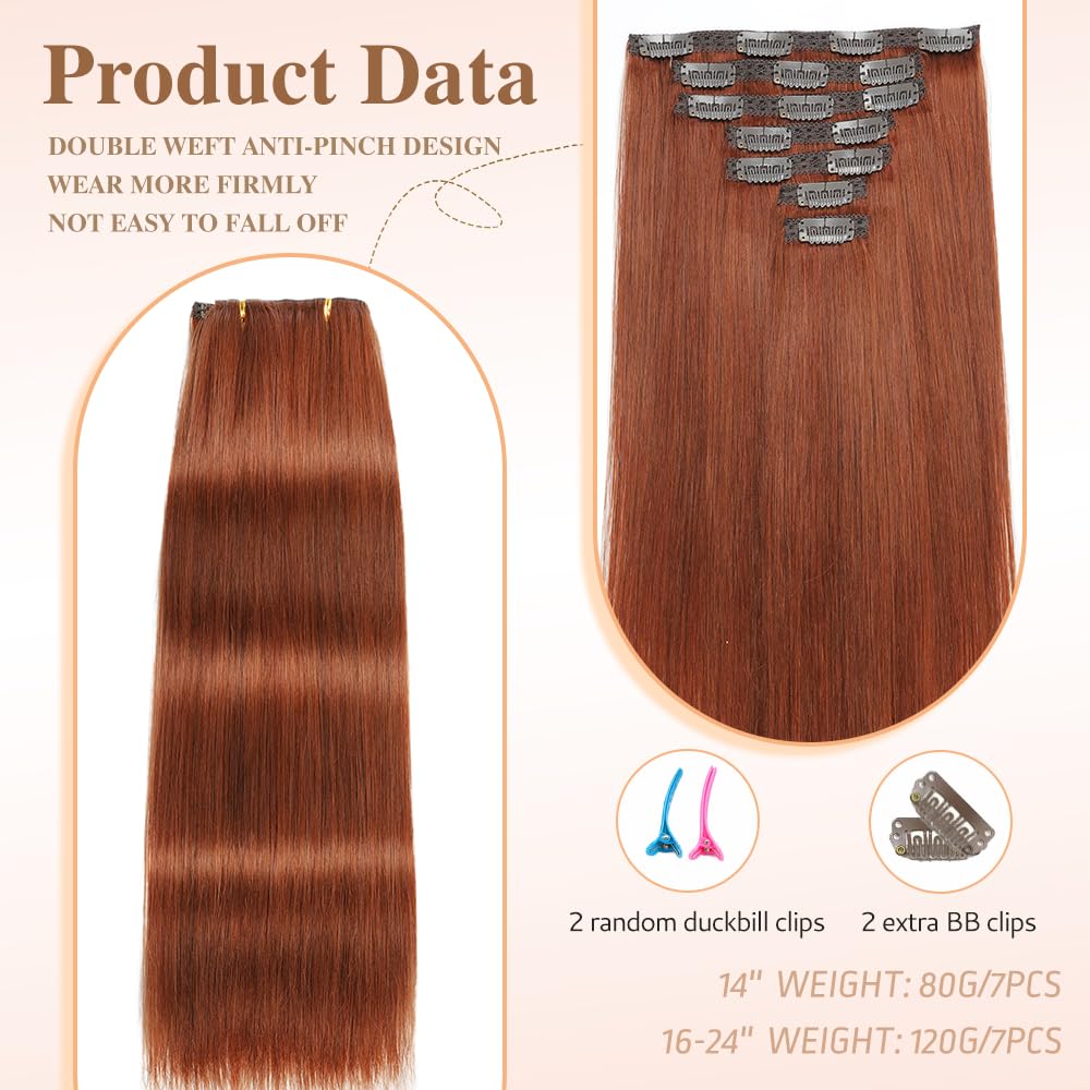 HotLulana Extension Capelli Veri Clip 7pcs 40cm 120g Castano Ramato Extension Capelli Veri 16 Pollice Extension Capelli Clip Invisible Extension Clip Capelli Veri Clip IN Extension Human Hair 33#