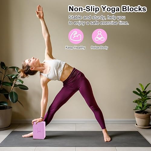 Miniatura 5 de Juego de 2 bloques de yoga y 2 correas de yoga, bloques de espuma EVA antideslizantes, ladrillos de yoga de alta densidad con correa de 6 pies,
