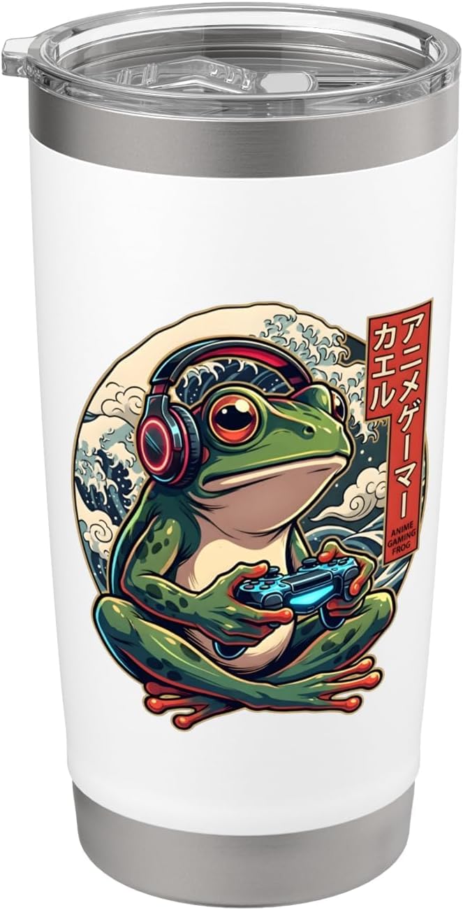 Anime Gaming Frog Japanese Ukiyo-e Wave with Headphones Art Stainless Steel Insulated Tumbler