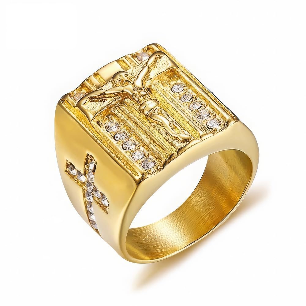 Asma Jewel House Punk Jesus Christ Cross Chunky Stainless Steel Ring with Crystals – Religious Prayer Ring for Men & Boys, Gold Plated, US Size 9 | Holy Jesus Cross Ring for Christian Catholics, Anniversary & Promise Ring (B07DL6K7YF) Amazon Price History, Amazon Price Tracker
