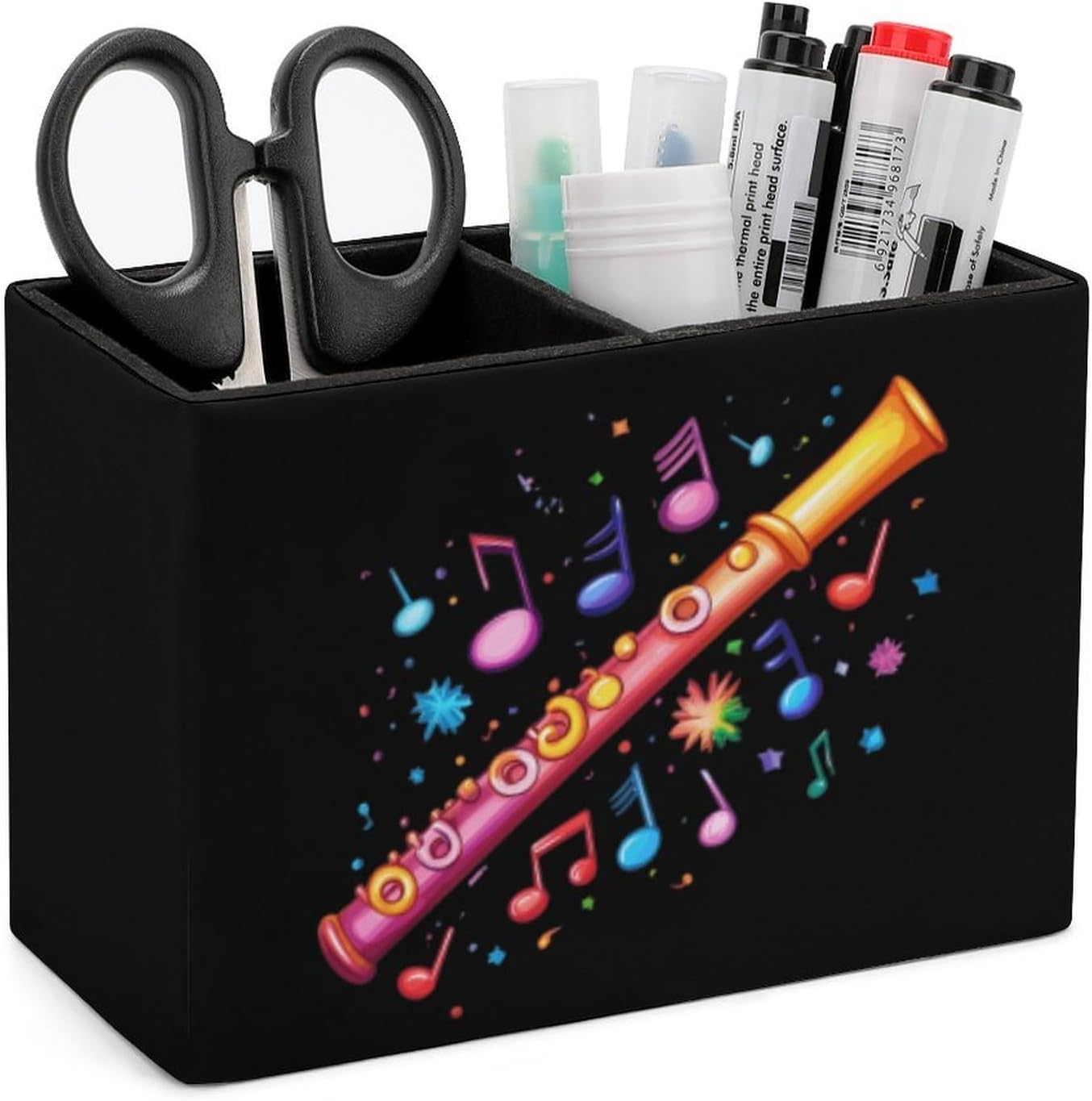 Music Notes Flutist Flute Pencil Pen Holder PU Leather Desk Storage Organizer Makeup Brush Box
