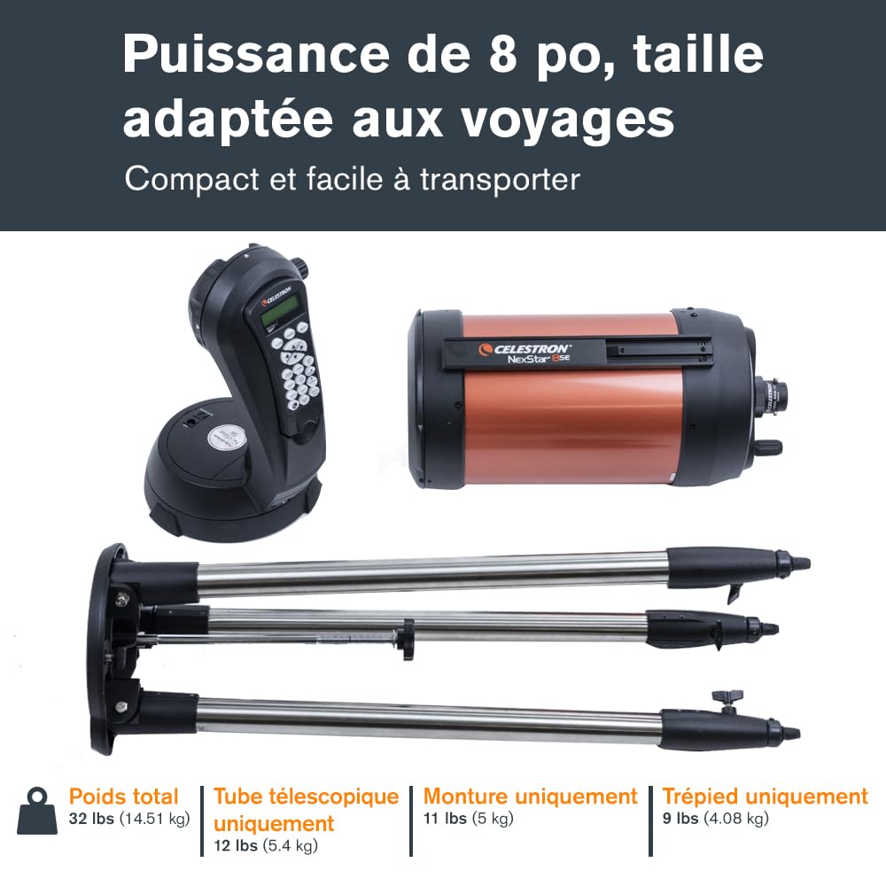 Celestron 11069 NexStar 8SE Télescope informatisé Schmidt-Cassegrain avec Monture entièrement automatisée, Technologie SkyAlign et Traitement XLT, Noir/Orange