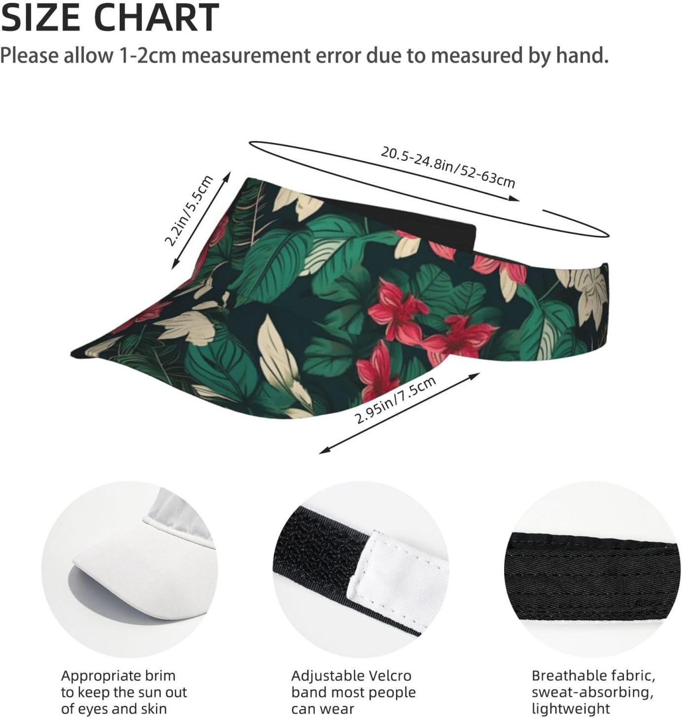 Flower Leaf Print Sports Sun Visor Hats Adjustable Running Golf Tennis Sun Cap for Women Men Black