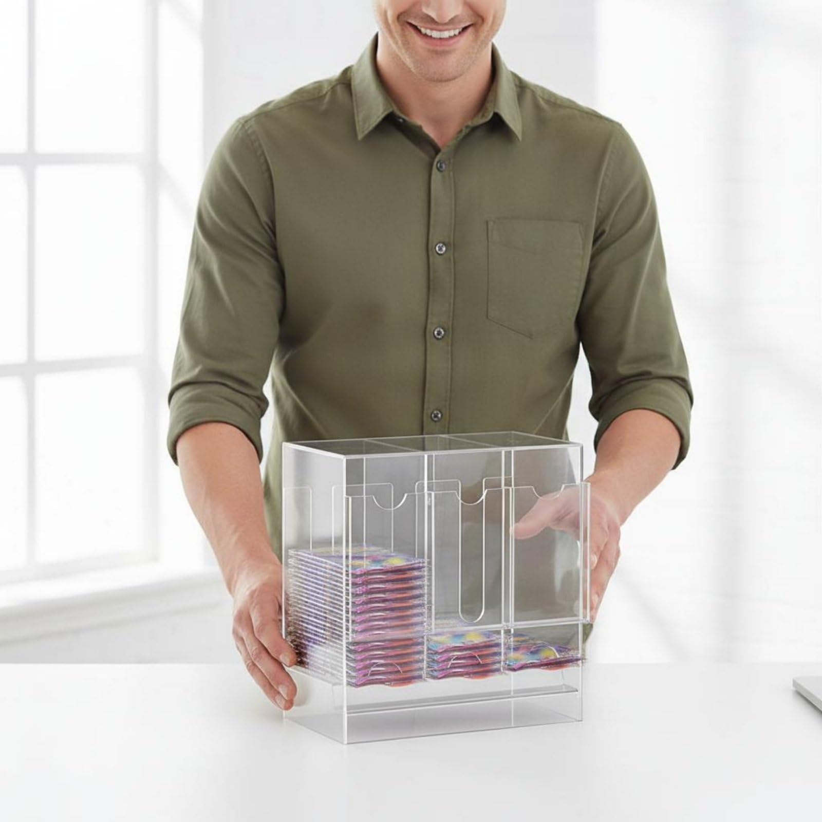 Organizador Cartas Acrílico Compartimentos Interiores Expositor Cartas Coleccionables Apilable Almacenaje para Escritorio , Organizador De Tres Compartimentos