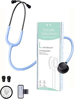 FriCARE Dual Head Stethoscope - Stethoscopes for Nurses, Medical Nursing Students, Paramedics/EMT/LVN/VNA Backup Estetoscopio, Frost Blue Tube, Matte Black Finish Chestpiece