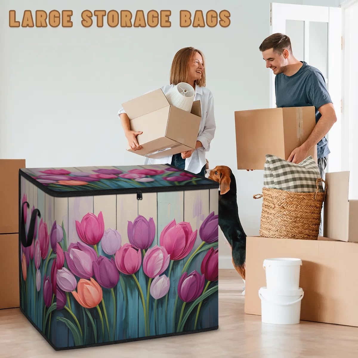 Honeybaby 214L Extra Large Comforter Storage Bag Farmhouse Flower Tulip Storage Totes with Lids Waterproof Closet Organizer Folding Blanket Storage Bags for Clothes Bedding Pillows