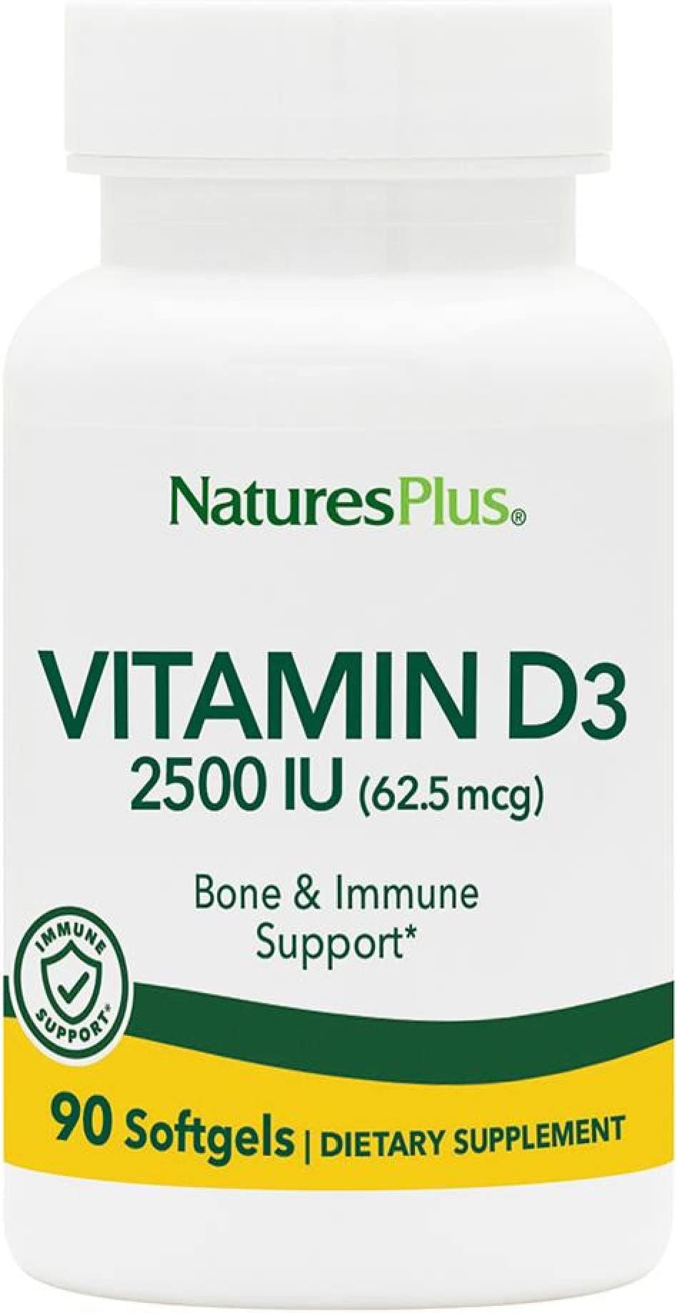 NaturesPlus Vitamin D3 2500 IU - Active Vitamin D Supplement - Immune Support, Bone, Muscle and Teeth Health - Easy to Swallow, One A Day, Gluten Free - 90 Softgels