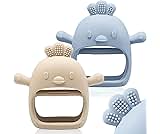 2 Packs Baby Teething Toy Silicone Teething Mitten for Babies Over 3 Months Anti Dropping Wrist Hand Teethers Baby Chew Toys for Sucking Needs, BPA Free (Blue & Caramel)