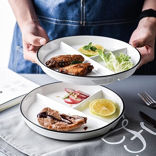 Miniatura 5 de Platos divididos de porcelana para niños, placas redondas de control de porciones para pérdida de peso para adultos, platos llanos con compartimento