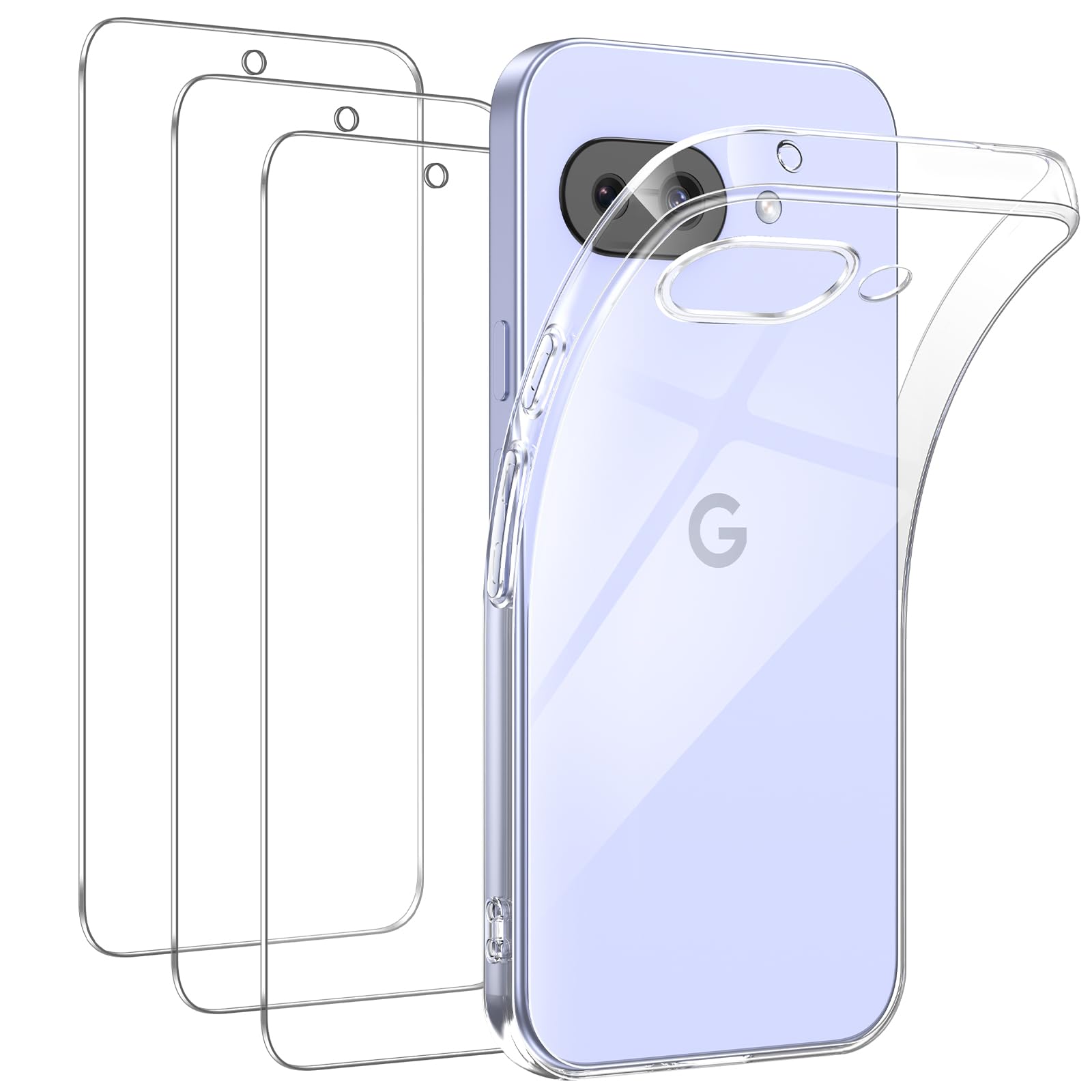 FLLAO Cover Compatibile con Google Pixel 9A 5G con 3 Pellicola Vetro Temperato, Custodia Trasparente Ultra Sottile Silicone TPU Morbido Case Protettivo Trasparente