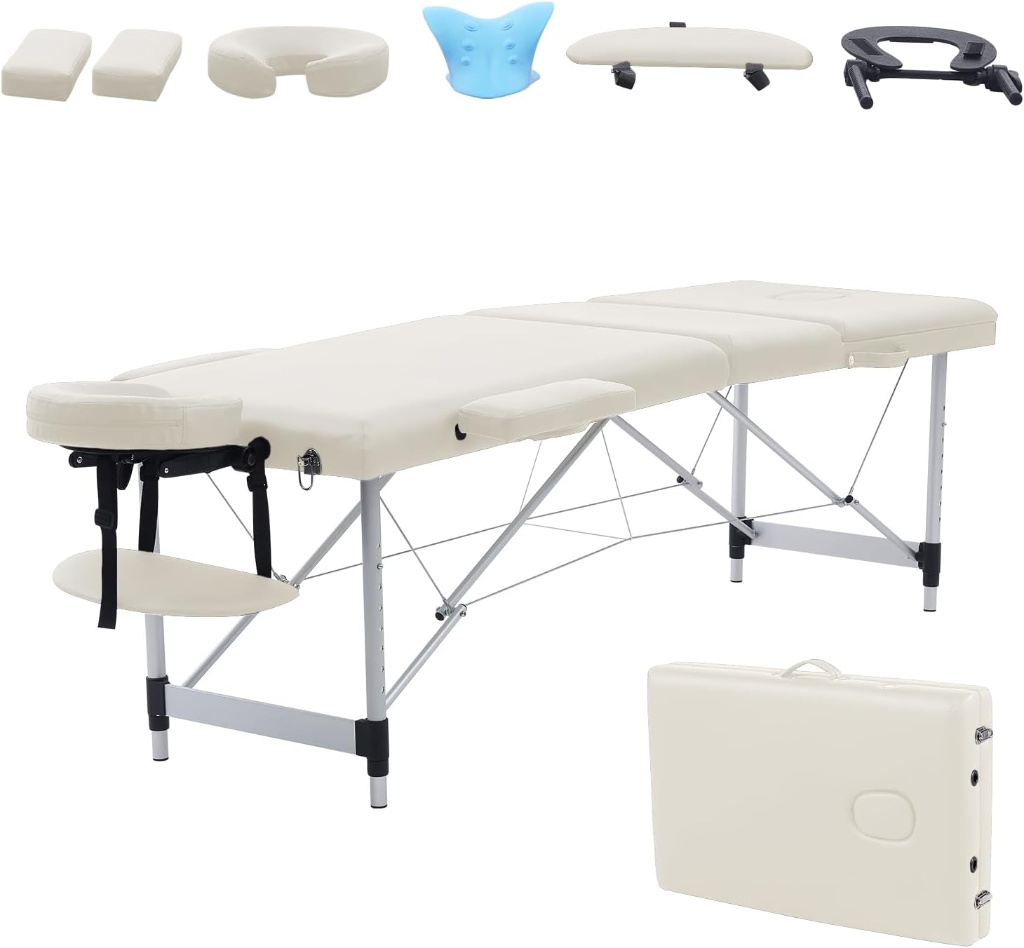 Gaussen Portable Massage Table,84 Inch Massage Tables Portable with Neck Stretcher 3 Fold Adjustable Height Lash Bed Massage Bed Tattoo Table for Eyelash Tattoo Spa (Aluminum, Cream-3 Fold)