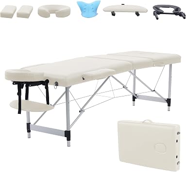 Gaussen Portable Massage Table,84 Inch Massage Tables Portable with Neck Stretcher 3 Fold Adjustable Height Lash Bed Massage Bed Tattoo Table for Eyelash Tattoo Spa Aluminum, Cream-3 Fold