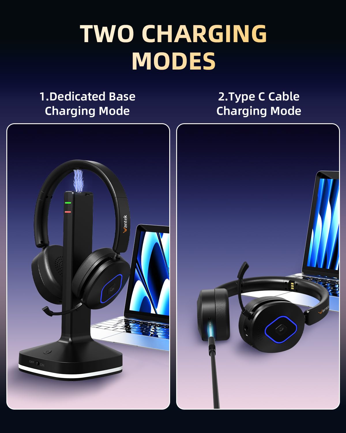 Wantek Kabelloses Headset mit Mikrofon, Bluetooth Headset mit Ladestation, Wireless Kabelloses Headphone mit Mikrofon und USB Dongle, Call Center Headphone für Computer Laptop Teams Büro Zoom