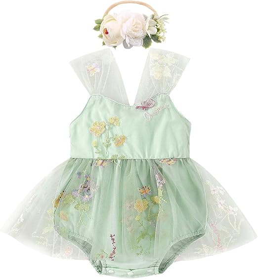 ODASDO Infant Baby Girl Tulle Romper Flower Embroidery Princess Bodysuit with Headband Birthday Party Cake Smash Outfit