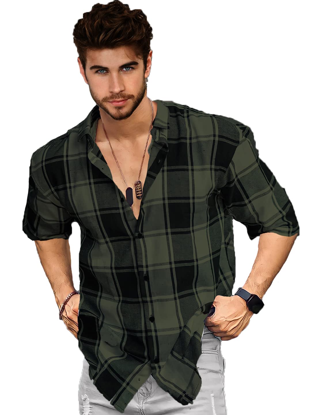 LEWELMen's Stylish Checkered Buttoned Down Collared T-Shirt (Olive)